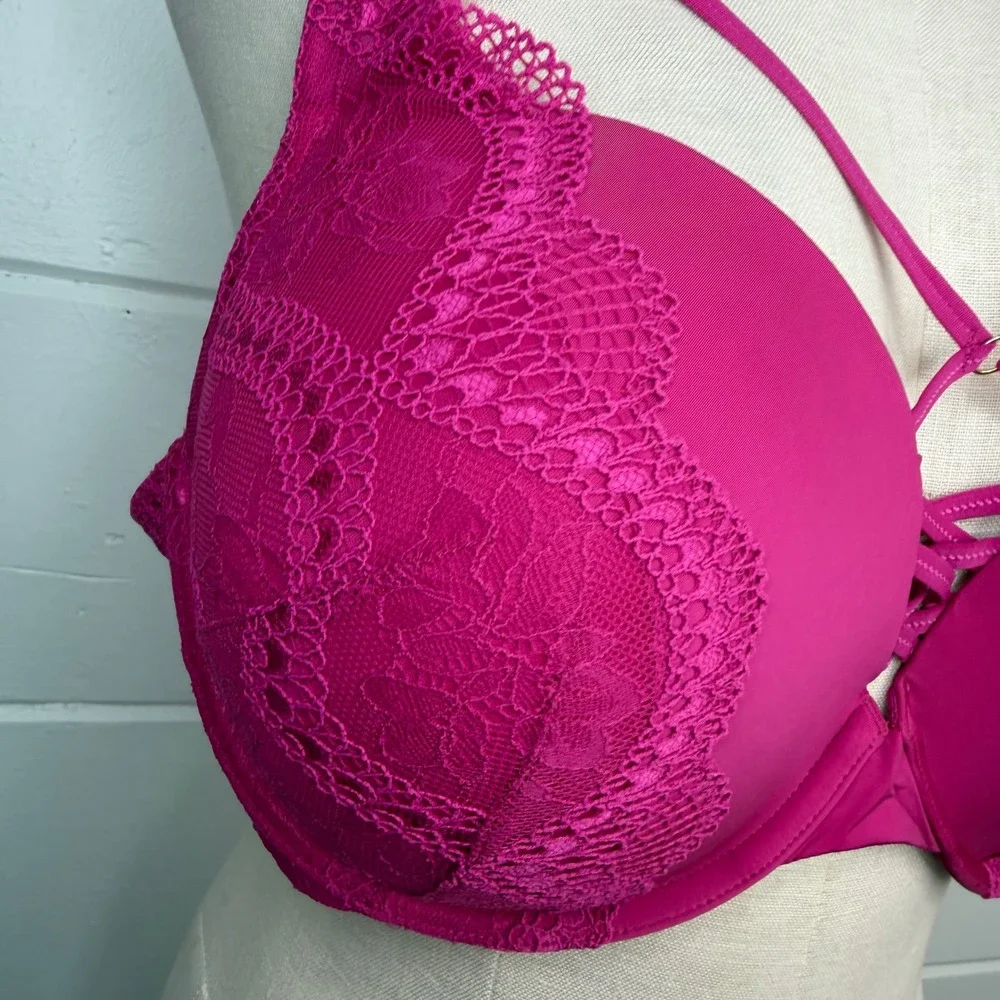 Torrid 44D Torrid XO Lace Push Up Plunge Bra Pink Strappy Lace